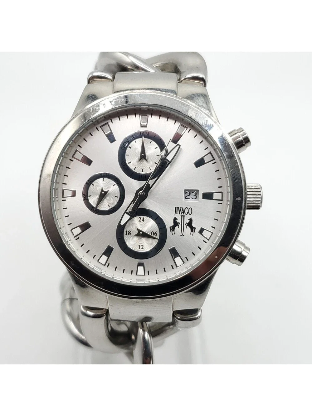 Jivago Multifunction Quartz Watch Men 38mm Silver Tone Chain Band New Battery